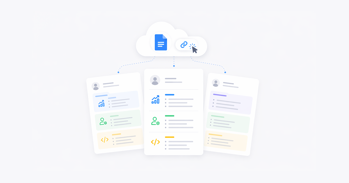 경력기술서 템플릿 3종을 보여주는 UI 일러스트, 중앙에 강조된 이력서 카드와 양옆에 겹쳐진 템플릿 카드, 클라우드 문서 형태로 제공되는 구조를 표현한 미니멀 SaaS 스타일 이미지