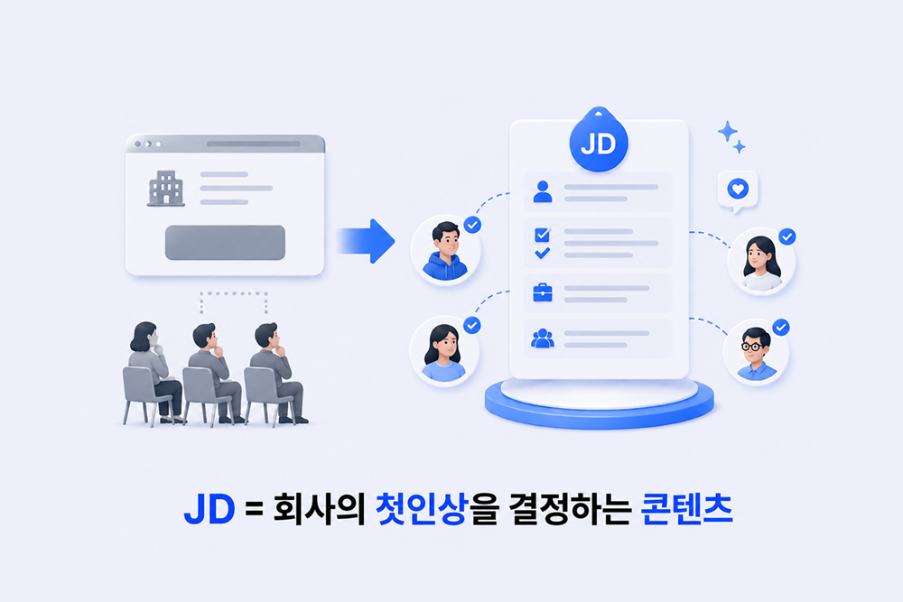 JD(직무기술서)가 회사의 첫인상을 결정하는 콘텐츠임을 보여주는 일러스트. 채용공고에서 후보자로 이어지는 흐름을 표현.