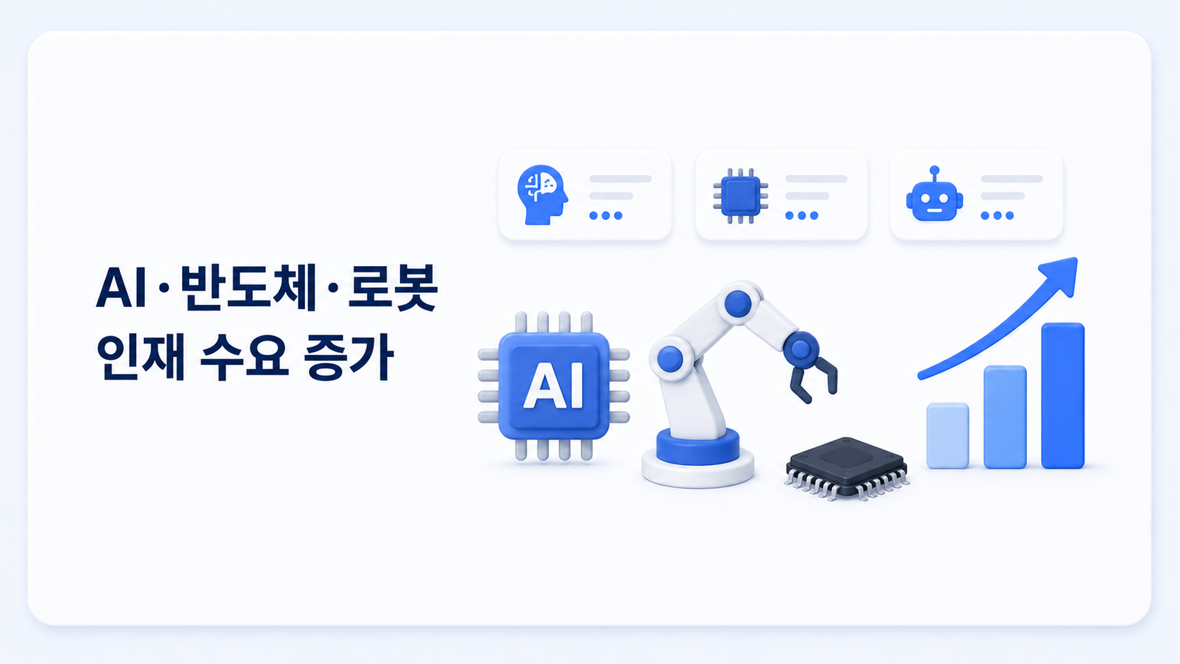 AI 칩, 반도체, 로봇 팔, 상승 그래프가 함께 배치된 일러스트. 첨단 산업 분야의 인재 수요 증가와 성장세를 시각적으로 표현한 이미지.