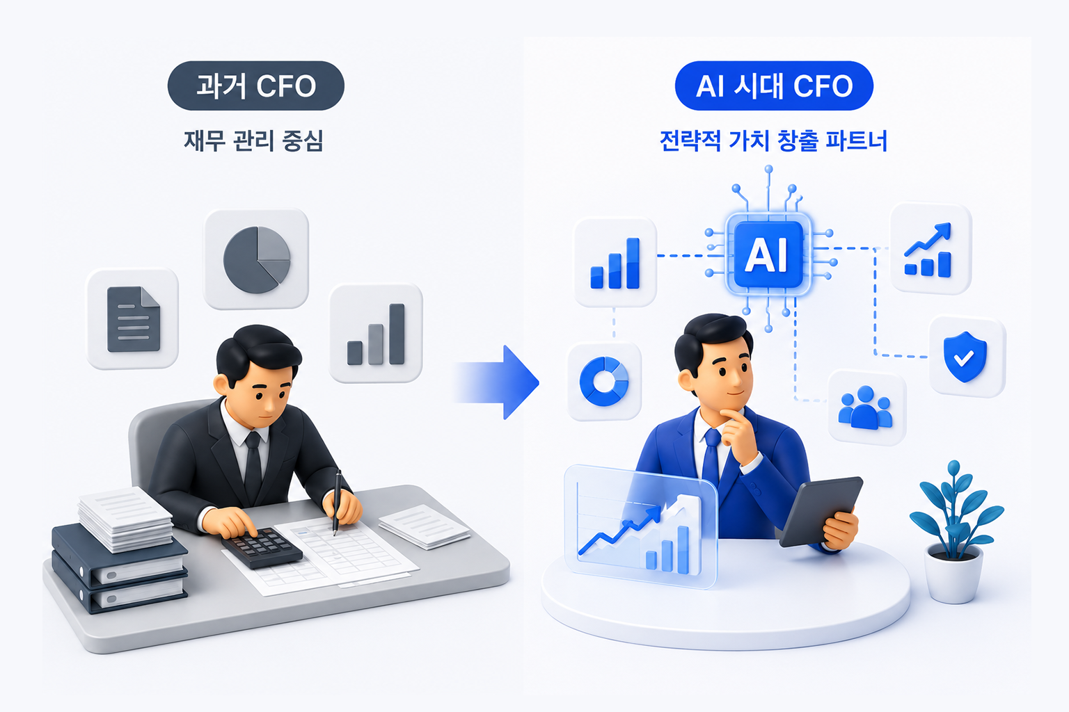 AI 시대 CFO의 역할 변화를 설명하는 이미지, 재무 관리 중심에서 데이터 기반 투자와 전략 수립 중심으로 확장된 CFO 역할 비교