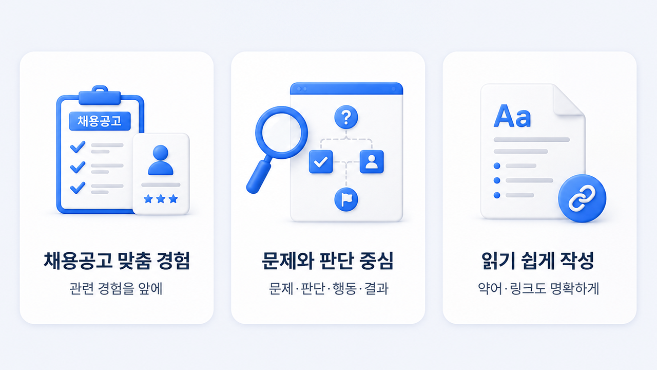 경력 개발자 이력서 작성 팁 3가지: 채용공고 맞춤 경험, 문제와 판단 중심 작성, 이해하기 쉬운 용어와 링크 정리