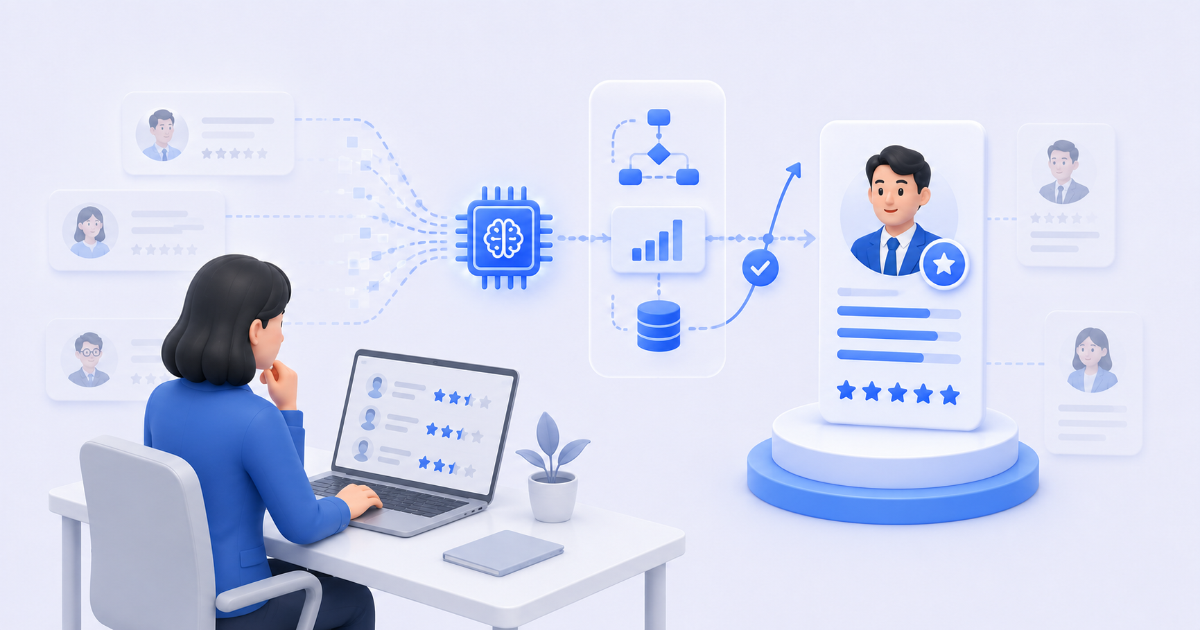 AI가 경력직 후보자의 성과와 역량을 분석해 적합한 인재를 선별하는 채용 장면