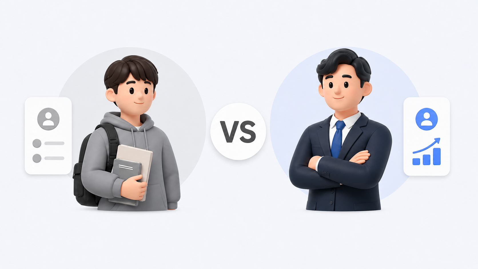 회색 톤의 신입 인물과 파란 톤의 경력직 인물을 좌우로 배치해 비교한 VS 일러스트