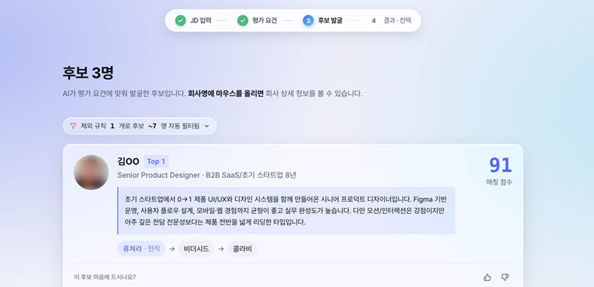 AI 채용 플랫폼 서치라이트 AI가 추천한 후보자 3명과 매칭 점수