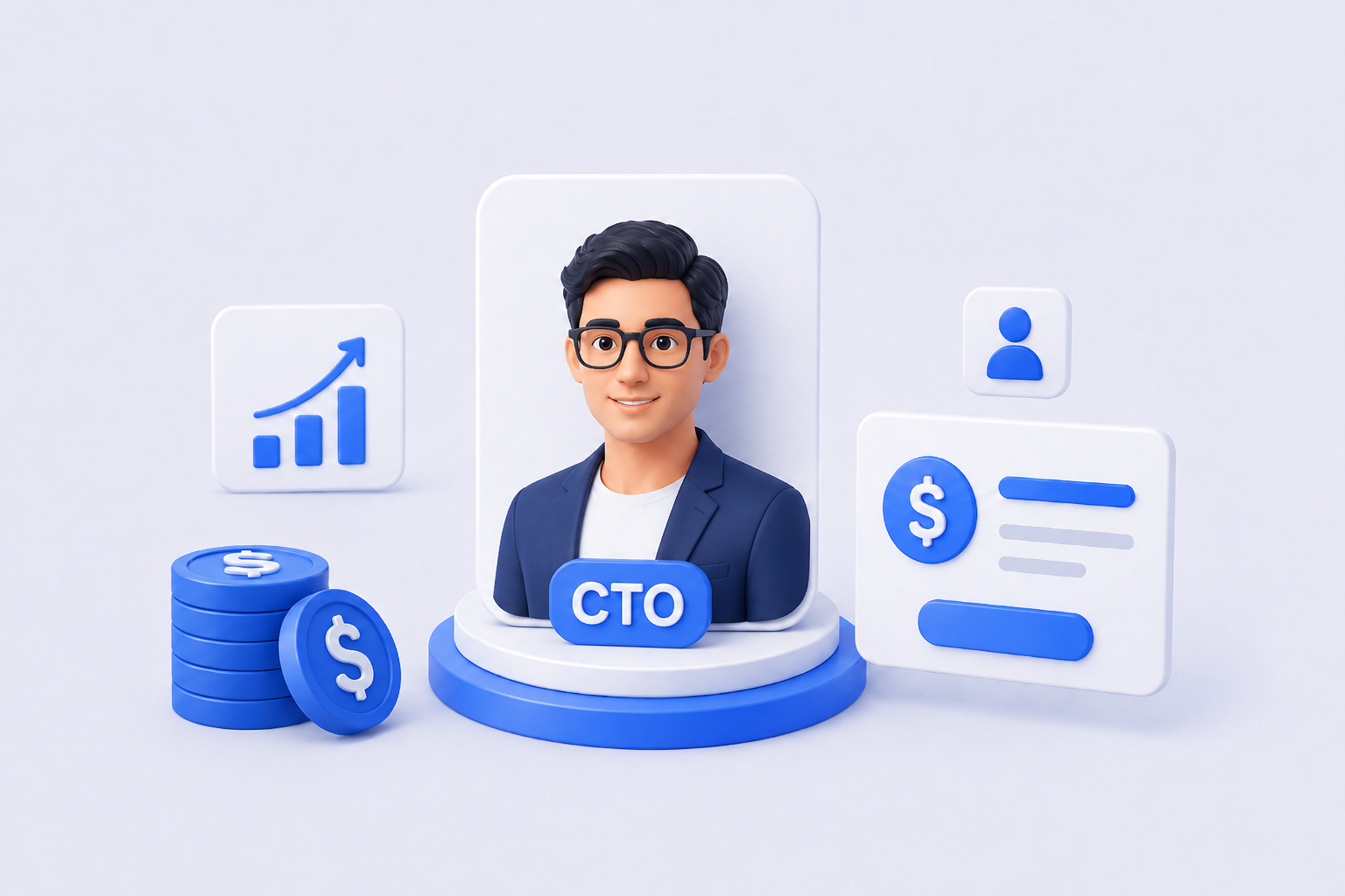 CTO 연봉과 보상 구조를 나타낸 인물, 동전, 상승 그래프 일러스트