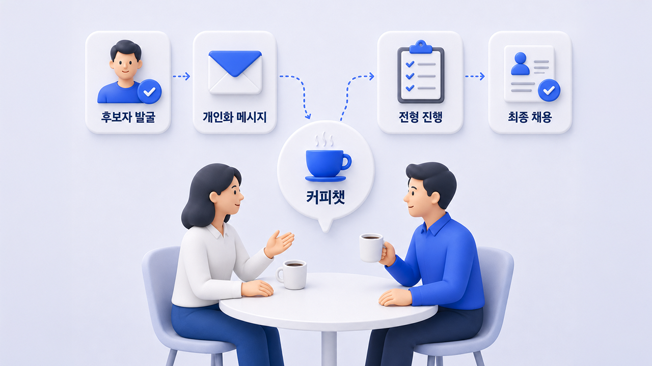 커피챗 진행 과정 - 후보자 발굴부터 개인화 메시지, 전형, 최종 채용까지 이어지는 채용 단계