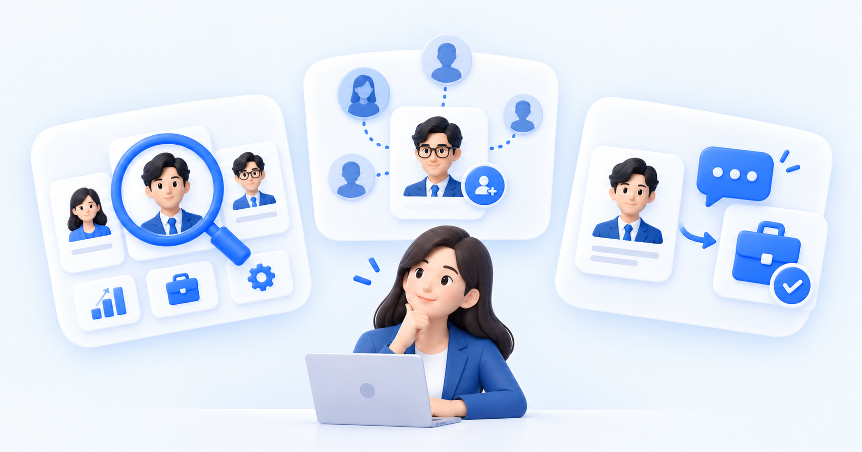 헤드헌팅을 통해 전문성을 바탕으로 후보자를 발굴하고, 네트워크를 활용해 소극적 구직자와 연결하며, 포지션을 설명하고 커피챗을 제안하는 과정을 표현한 이미지