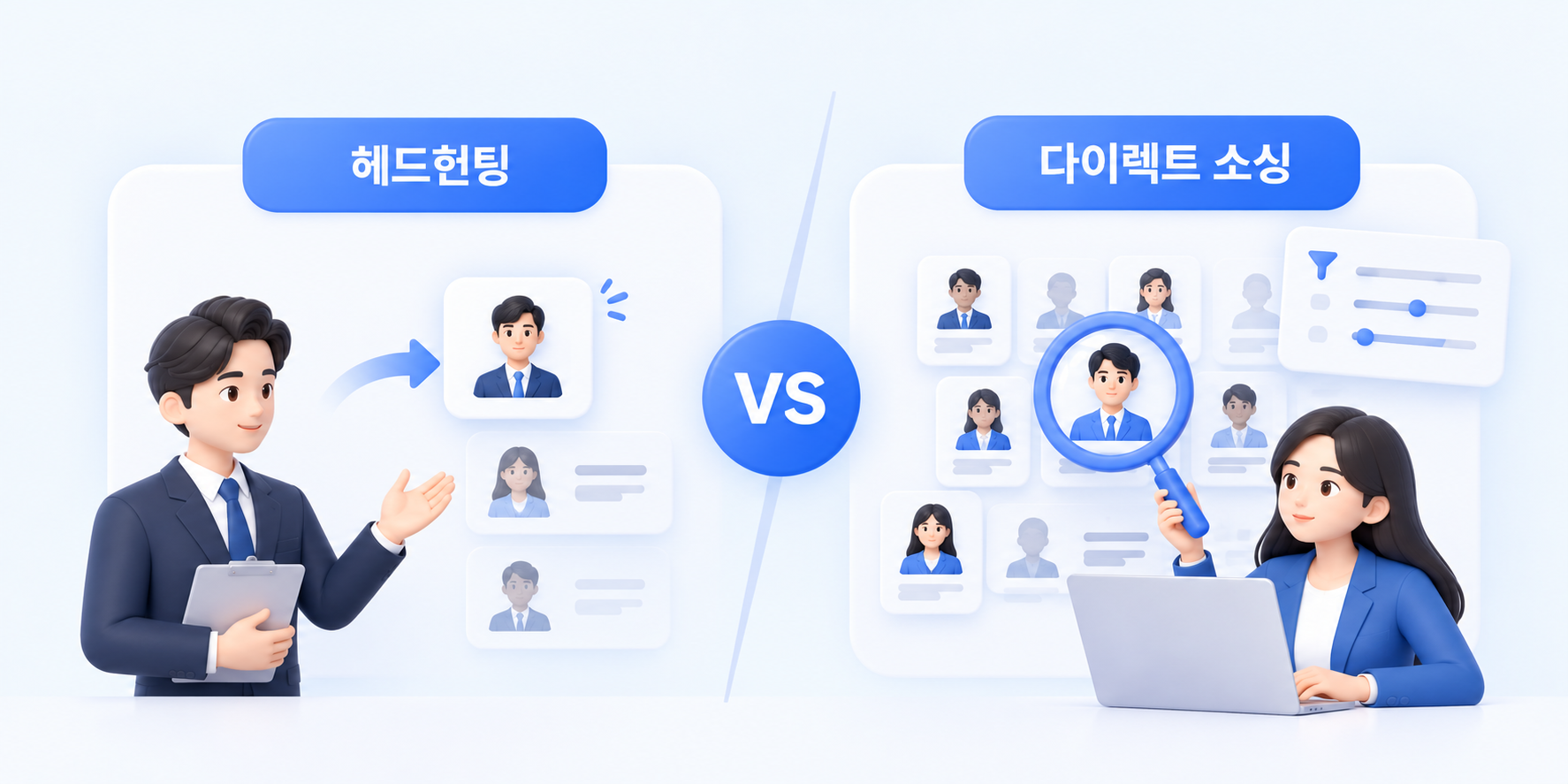 헤드헌팅과 다이렉트 소싱의 후보자 발굴 방식을 비교한 이미지