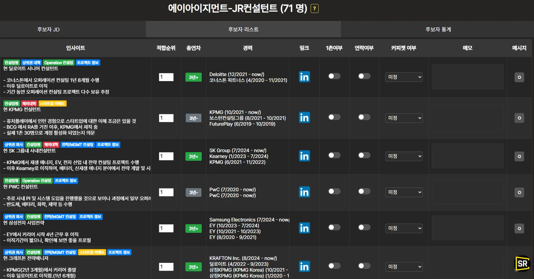 에이아이지먼트에 제공한 컨설턴트 후보자 리스트